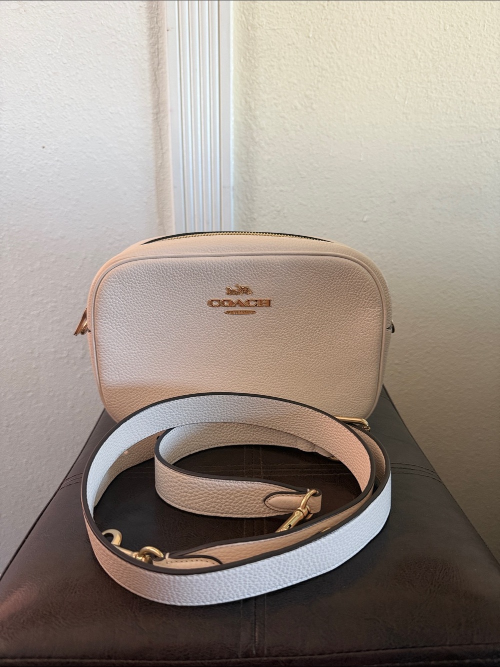 Coach Pebble Leather Camera Crossbody Bag in Light Cream with Gold Hardware